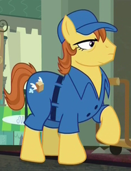 Size: 458x601 | Tagged: safe, screencap, bulk shipment, earth pony, pony, g4, the saddle row review, background pony, baseball cap, chubby, clothes, delivery pony, plump