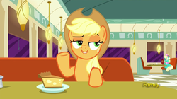 Size: 1276x717 | Tagged: safe, screencap, applejack, honey curls, mare e. lynn, g4, the saddle row review, discovery family logo, food, pie