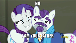 Size: 800x450 | Tagged: safe, edit, edited screencap, screencap, mr. stripes, rarity, earth pony, pony, unicorn, g4, the saddle row review, awkward, darth vader, discovery family logo, facial hair, female, goatee, grin, hug, i am your father, image macro, lidded eyes, luke skywalker, male, mare, meme, moustache, movie reference, nervous, reference, rubbing, smiling, smirk, squee, squishy cheeks, stallion, star wars, star wars: the empire strikes back, stranger danger, wide eyes