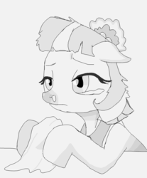 Size: 504x608 | Tagged: safe, artist:etech, derpibooru exclusive, coco pommel, g4, the saddle row review, cold, female, floppy ears, grayscale, monochrome, red nosed, runny nose, scene interpretation, sick, solo, teary eyes, tissue