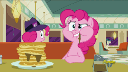 Size: 800x450 | Tagged: safe, screencap, lucky breaks, pinkie pie, the clone that got away, g4, the saddle row review, animated, callback, clone, discovery family logo, eating, faic, female, food, frown, grin, hoof hold, looking at you, looking back, pancakes, pinkie clone, puffy cheeks, smiling, smirk, syrup, wide eyes