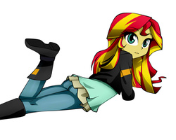 Size: 1000x800 | Tagged: safe, artist:nekojackun, sunset shimmer, equestria girls, clothes, cute, female, jacket, leather jacket, looking at you, pants, prone, shimmerbetes, simple background, solo, white background
