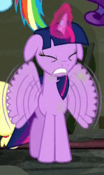 Size: 304x509 | Tagged: safe, screencap, applejack, rainbow dash, rarity, twilight sparkle, alicorn, pony, g4, the saddle row review, animated, buzzing wings, eyes closed, female, flapping, floppy ears, glowing horn, gritted teeth, horn, loop, mare, solo focus, twilight sparkle (alicorn)