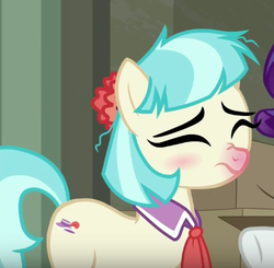 Size: 406x398 | Tagged: safe, screencap, coco pommel, rarity, pony, g4, the saddle row review, cocobetes, cute, eyes closed, messy mane, nose wrinkle, red nosed, sick, wavy mouth