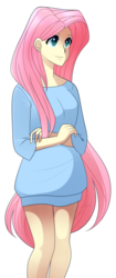 Size: 800x1902 | Tagged: safe, artist:haydee, fluttershy, human, g4, blue sweater, clothes, cyan eyes, digital art, female, human female, humanized, jumper, looking away, pink hair, pony coloring, simple background, solo, standing, sweater, sweatershy, transparent background