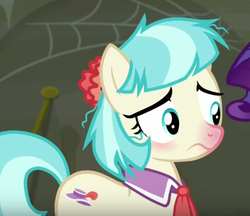 Size: 457x395 | Tagged: safe, screencap, coco pommel, g4, the saddle row review, coco the red-nosed pony, cocobetes, cute, female, red nosed, sick, solo, worried