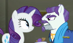 Size: 803x469 | Tagged: safe, screencap, mr. stripes, rarity, g4, the saddle row review, discovery family logo