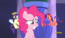 Size: 803x469 | Tagged: safe, screencap, pinkie pie, rarity, g4, the saddle row review, angel rarity, devil rarity, discovery family logo, haylo