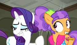 Size: 803x469 | Tagged: safe, screencap, plaid stripes, rarity, g4, the saddle row review, discovery family logo