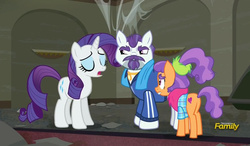 Size: 803x469 | Tagged: safe, screencap, mr. stripes, plaid stripes, rarity, g4, the saddle row review, discovery family logo