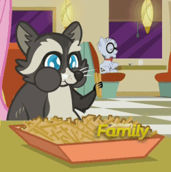 Size: 573x576 | Tagged: safe, screencap, mr. waddle, smoky jr., raccoon, g4, the saddle row review, animated, cropped, discovery family logo, food, french fries, hay fries, loop