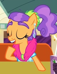 Size: 359x465 | Tagged: safe, screencap, plaid stripes, earth pony, pony, g4, the saddle row review, braces, eyes closed, female, filly, solo, spoon, teenager