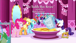 Size: 789x443 | Tagged: safe, screencap, applejack, fluttershy, pinkie pie, rainbow dash, rarity, twilight sparkle, alicorn, pony, g4, my little pony: friendship is magic, the saddle row review, discovery family logo, female, mane six, mare, twilight sparkle (alicorn)