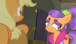 Size: 795x469 | Tagged: safe, screencap, applejack, plaid stripes, g4, the saddle row review, crying, cute, discovery family logo, sad