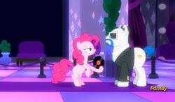 Size: 803x469 | Tagged: safe, screencap, lockdown, pinkie pie, earth pony, pony, g4, the saddle row review, discovery family logo, female, male, mare, palindrome get, record, stallion