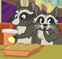 Size: 501x472 | Tagged: safe, screencap, smoky, softpad, raccoon, g4, the saddle row review, animated, drink, drinking, eating, food, french fries, hay fries, loop