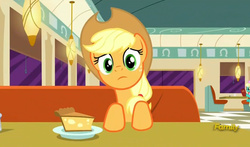 Size: 795x469 | Tagged: safe, screencap, applejack, honey curls, mare e. lynn, g4, the saddle row review, discovery family logo, food, looking at you, pie