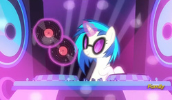 Size: 803x469 | Tagged: safe, screencap, dj pon-3, vinyl scratch, pony, unicorn, g4, the saddle row review, discovery family logo, female, glowing horn, horn, levitation, magic, mare, record, solo, sunglasses, telekinesis