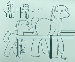 Size: 1500x1253 | Tagged: safe, artist:avionic, oc, oc only, unnamed oc, pony, awkward, butt, comparison, eyes on the prize, female, looking at butt, mare, monochrome, plot, size difference, unwanted
