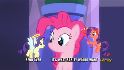 Size: 800x450 | Tagged: safe, edit, edited screencap, screencap, pinkie pie, rarity, pony, g4, the saddle row review, angel rarity, bend over, caption, devil rarity, dialogue, discovery family logo, female, haylo, lesbian, mare, shoulder angel, shoulder devil