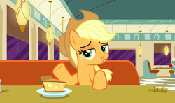 Size: 795x469 | Tagged: safe, screencap, applejack, honey curls, mare e. lynn, g4, the saddle row review, discovery family logo, food, lidded eyes, pie
