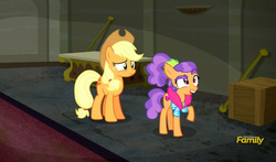 Size: 795x469 | Tagged: safe, screencap, applejack, plaid stripes, g4, the saddle row review, discovery family logo