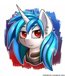 Size: 1280x1493 | Tagged: safe, artist:capseys, dj pon-3, vinyl scratch, pony, unicorn, g4, abstract background, bust, choker, clothes, collar, colored pupils, ear fluff, ear piercing, female, piercing, portrait, red eyes, smiling, solo, wrong eye color