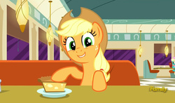 Size: 795x469 | Tagged: safe, screencap, applejack, honey curls, mare e. lynn, g4, the saddle row review, discovery family logo, food, pie