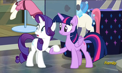 Size: 795x477 | Tagged: safe, screencap, rarity, twilight sparkle, alicorn, pony, g4, the saddle row review, discovery family logo, female, holding hooves, mare, twilight sparkle (alicorn)