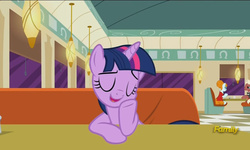 Size: 795x477 | Tagged: safe, screencap, beaude mane, joan pommelway, twilight sparkle, alicorn, pony, g4, season 6, the saddle row review, background pony, cafe, discovery family logo, eyes closed, female, joan holloway, leaning, mad men, male, mare, open mouth, smiling, stallion, twilight sparkle (alicorn)