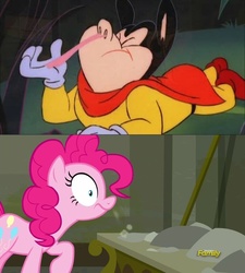 Size: 620x688 | Tagged: safe, screencap, pinkie pie, g4, the saddle row review, discovery family logo, dust, mighty mouse, sniffing