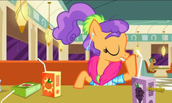 Size: 795x477 | Tagged: safe, screencap, direct tunes, plaid stripes, g4, my little pony: friendship is magic, the saddle row review, discovery family logo, juice, juice box