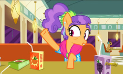 Size: 795x477 | Tagged: safe, screencap, direct tunes, plaid stripes, g4, the saddle row review, discovery family logo, juice, juice box