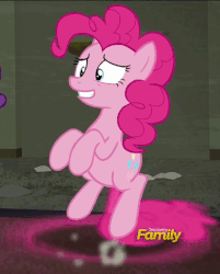 Size: 443x551 | Tagged: safe, screencap, pinkie pie, g4, the saddle row review, animated, animated screencap, discovery family logo, female, grin, loop, nervous, nervous smile, pinkie being pinkie, pinkie physics, pinkiecopter, smiling, tailcopter