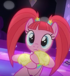 Size: 556x608 | Tagged: safe, screencap, pacific glow, earth pony, pony, the saddle row review, female, mare, pigtails, solo