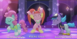 Size: 1204x618 | Tagged: safe, screencap, azure velour, flashdancer, pacific glow, g4, the saddle row review, discovery family logo, not pinkie pie, pacifier