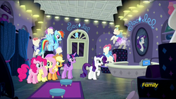 Size: 1920x1080 | Tagged: safe, screencap, applejack, fluttershy, pinkie pie, rainbow dash, rarity, twilight sparkle, alicorn, pony, g4, the saddle row review, discovery family logo, female, interior, mane six, mare, rarity for you, twilight sparkle (alicorn)