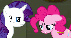 Size: 1277x692 | Tagged: safe, screencap, pinkie pie, rarity, g4, the saddle row review, animation error, derp, discovery family logo