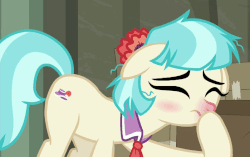 Size: 801x502 | Tagged: safe, screencap, coco pommel, g4, the saddle row review, animated, blushing, cocobetes, cold, cute, eyes closed, female, floppy ears, loop, male, messy mane, nose rub, red nosed, rubbing, sick