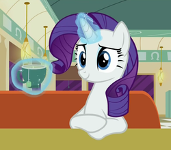 Size: 832x733 | Tagged: safe, screencap, rarity, pony, unicorn, g4, the saddle row review, female, food, magic, mare, restaurant, tea, telekinesis