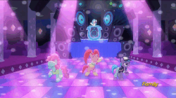 Size: 858x482 | Tagged: safe, screencap, azure velour, dj pon-3, flashdancer, pacific glow, vinyl scratch, earth pony, pony, unicorn, g4, the saddle row review, animated, clothes, club pony party palace, dance club, dancing, disco ball, discovery family, discovery family logo, female, logo, mare, sutra, twilight sparkle (alicorn), vinyl's glasses