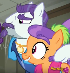 Size: 411x429 | Tagged: safe, screencap, mr. stripes, plaid stripes, g4, the saddle row review, cropped, discovery family logo
