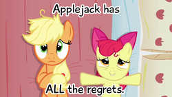 Size: 1280x720 | Tagged: safe, edit, edited screencap, screencap, apple bloom, applejack, earth pony, pony, apple family reunion, g4, asking for it, bed, caption, female, filly, implied foalcon, implied incest, implied sex, innuendo, mare, on back, pillow, text