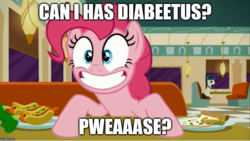 Size: 889x500 | Tagged: safe, edit, edited screencap, screencap, lucky breaks, pinkie pie, g4, the saddle row review, carrot, carrot dog, cute, diapinkes, discovery family logo, food, image macro, meme, pizza