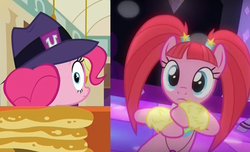 Size: 996x604 | Tagged: safe, screencap, pacific glow, pinkie pie, the clone that got away, g4, the saddle row review, too many pinkie pies, /co/nrad, blink and you'll miss it, clone, comparison, conspiracy, eating, faic, fedora, food, frown, grin, hat, implied mirror pool, lizard people, looking at you, looking back, mirror pool, not pinkie pie, pacifier, pancakes, pinkie clone, puffy cheeks, raised eyebrow, self ponidox, smirk, who knew, wide eyes