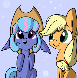 Size: 1280x1280 | Tagged: safe, artist:tjpones, applejack, oc, oc:sapphire lollipop, earth pony, pony, g4, cute, duo, duo female, female, floppy ears, impossibly large ears, open mouth, open smile, smiling