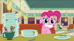 Size: 1920x1080 | Tagged: safe, screencap, lucky breaks, pinkie pie, earth pony, pony, g4, the saddle row review, awkward smile, big eyes, booth, cup, diner, discovery family logo, female, floppy ears, fork, looking at you, male, mare, plate, sitting, smiling, spoon, stallion, table