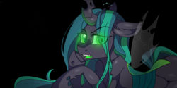 Size: 3786x1890 | Tagged: safe, artist:drducksauce, queen chrysalis, changeling, changeling queen, g4, black background, crown, fangs, female, glowing eyes, jewelry, regalia, simple background, solo, transparent wings, wings