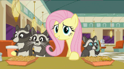 Size: 858x482 | Tagged: safe, screencap, fluttershy, mr. waddle, smoky, smoky jr., softpad, raccoon, g4, the saddle row review, animated, discovery family logo, food, french fries, hay fries