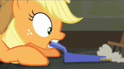Size: 858x482 | Tagged: safe, screencap, applejack, g4, the saddle row review, animated, broom, discovery family logo, dust, dustpan, female, mouth hold